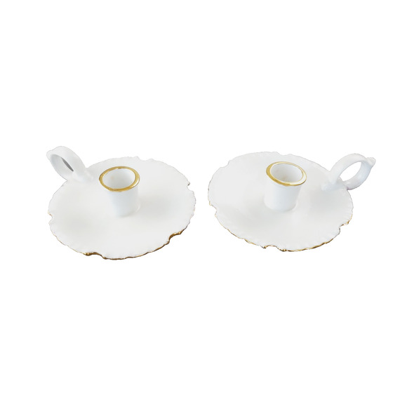 Vintage Candle Stick Holder Set White Porcelain Handled 2 PC Set Gold Trim MCM - Picture 1 of 12